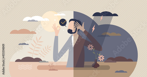 Bipolar disorder with emotional dual feelings problem tiny person concept. Psychological mental illness with behavioral trouble and unstable feelings vector illustration. Frustration and anxiety scene