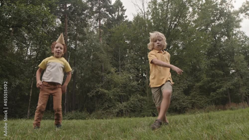 Low angle full of two multiethnic five-year-old boys smiling, dancing in summer park on lawn, kid wearing party hat Low angle full of two multiethnic five-year-old boys smiling, dancing in summer park on lawn, kid wearing party hat