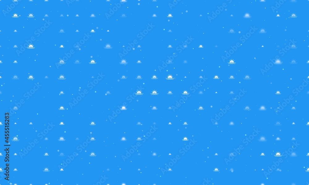 Seamless background pattern of evenly spaced white sunrise at sea symbols of different sizes and opacity. Vector illustration on blue background with stars Seamless background pattern of evenly spaced white sunrise at sea symbols of different sizes and opacity. Vector illustration on blue background with stars