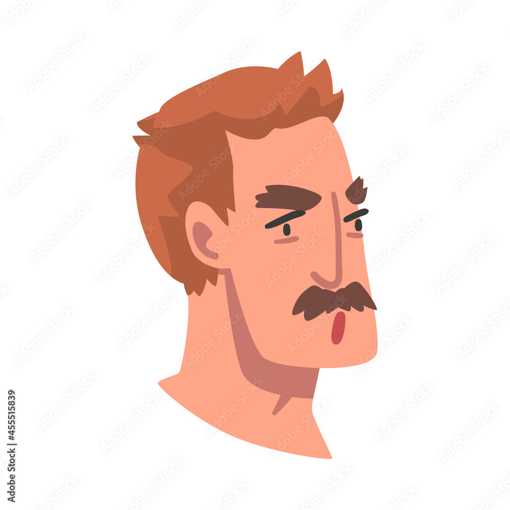 Man Head with Mustache with Frowning Facial Expression Side View Vector Illustration