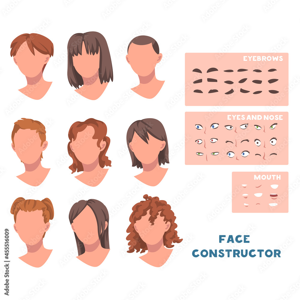 Obraz premium Woman Face Constructor with Head and Spare Parts Like Eyebrow, Eyes and Mouth Vector Set