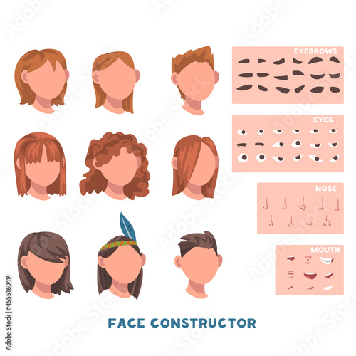 Woman Face Constructor with Head and Spare Parts Like Eyebrow, Eyes and Mouth Vector Set