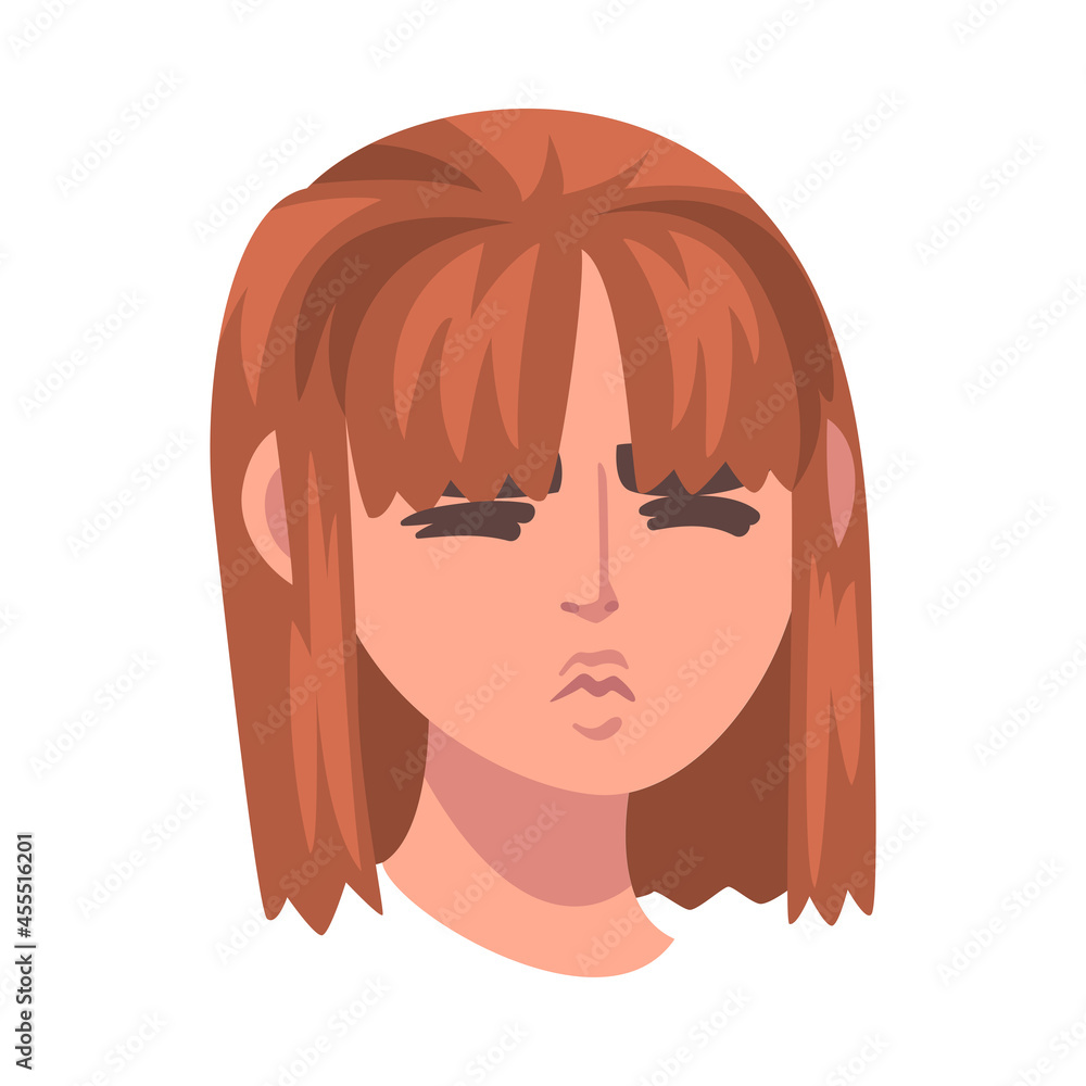Woman Head with Bangs and Closed Eyes Frowning as Facial Expression Vector Illustration Woman Head with Bangs and Closed Eyes Frowning as Facial Expression Vector Illustration