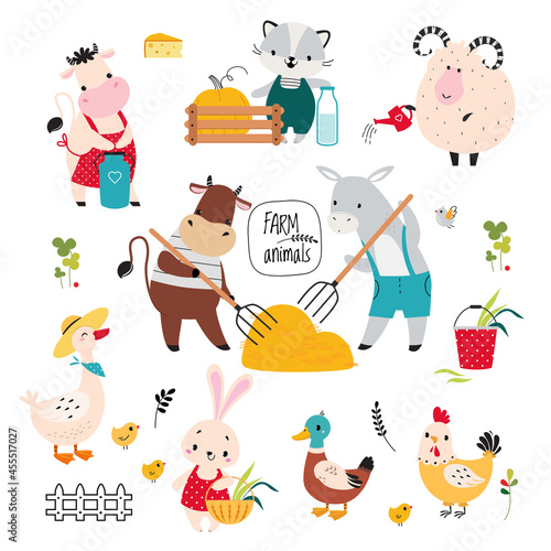Cute Farm Animals on Ranch Harvesting and Watering Plant Vector Set