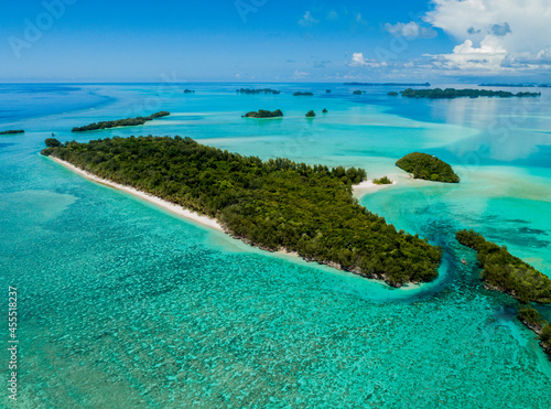 Aerial view of tropical islands, beaches and lagoon in Palau, Micronesia 