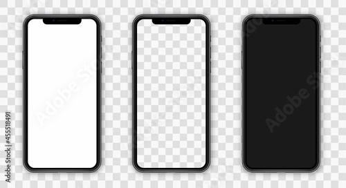 Realistic smartphone. Mobile phone blank, white, transparent screen design mock up. Set realistic smartphone. Phone black. Flat cartoon design. Vector illustration