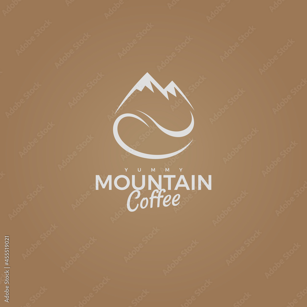 Mountain coffee vector logo, grain with rock icon. Yummy adventure taste, coffee shop business logotype concept, mountain roaster, cafe shop. Vintage silhouette style