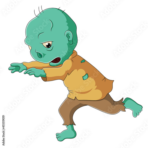 The boy with the alien costume is walking to scare the people