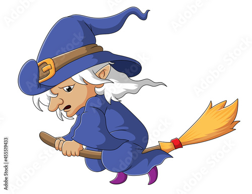 The sad witch is flying with the magic broom