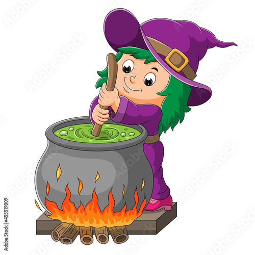 The little witch girl is mixing the potion on the pot
