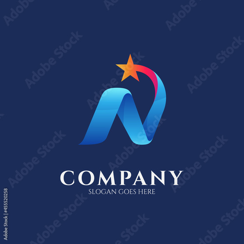 Logo design template of letter N combination with shooting star