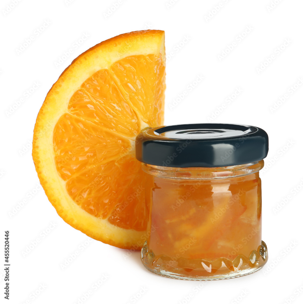 Jar with orange jam and fresh fruit on white background Jar with orange jam and fresh fruit on white background