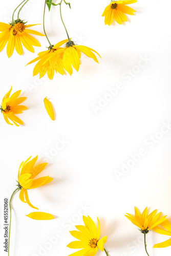 Fototapeta Naklejka Na Ścianę i Meble -  Flowers composition. Chamomile flowers on white background. Spring, summer, autumn concept. Flat lay, top view, copy space. Vertical