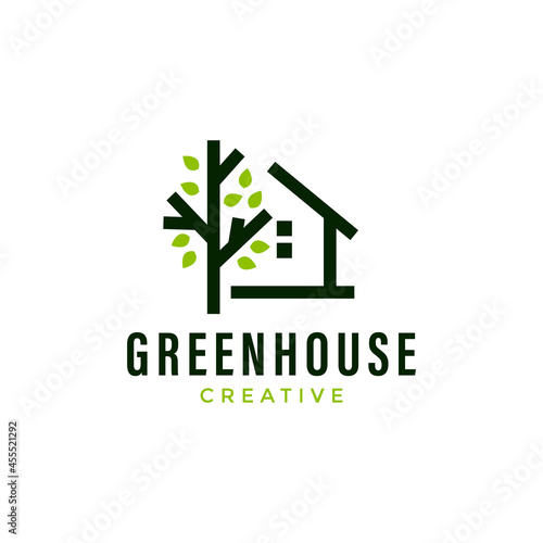 tree house logo, green house logo design vector illustration
