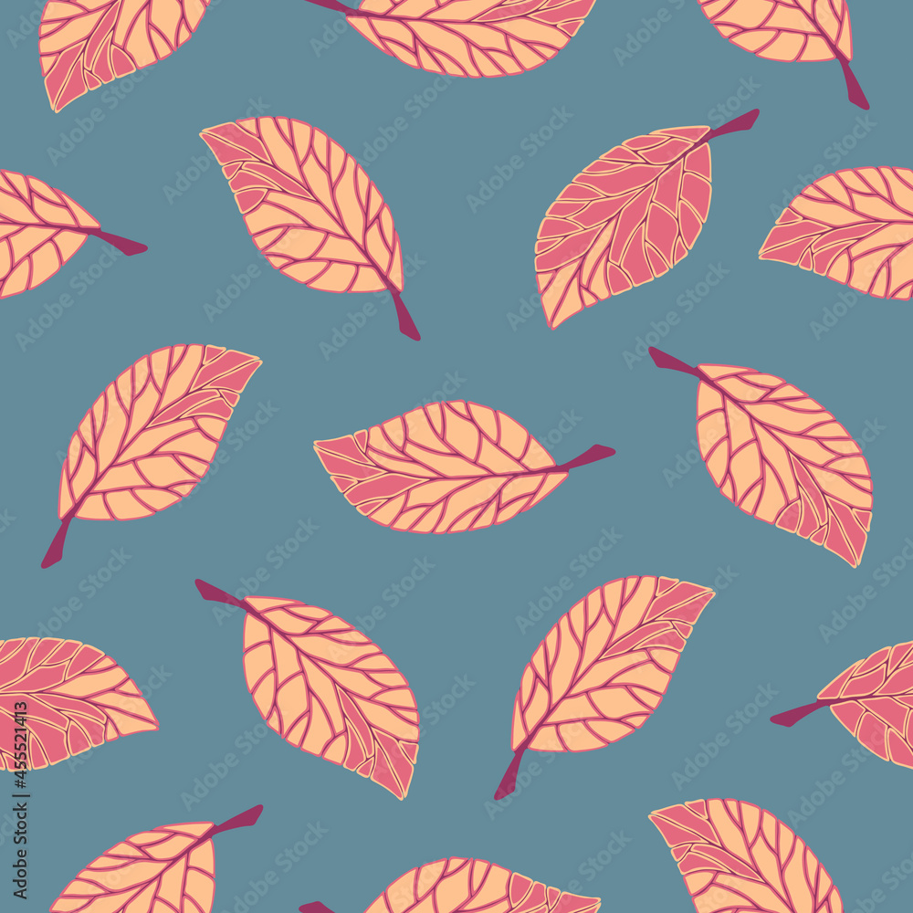 Seamless vector pattern with autumn leaves on grey background. Simple seasonal forest wallpaper design. Decorative botany fashion textile.