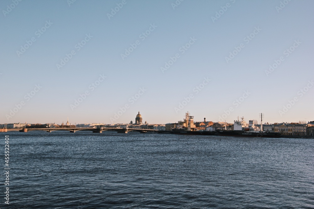 Neva river in the cityscape of St. Petersburg with a ship