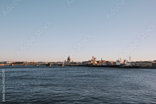 Neva river in the cityscape of St. Petersburg with a ship