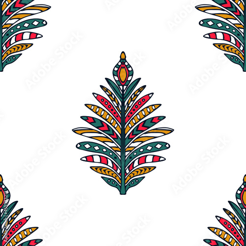 Seamless vector pattern with tribal feather on white background. Simple native symbol wallpaper design. Decorative paisley tile fashion textile.