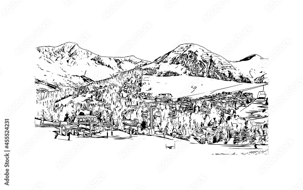 Building view with landmark of La Plagne is a French ski area in the alpine valley of the Tarentaise. Hand drawn sketch illustration in vector.