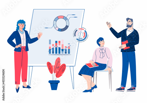 Business people in  conference room make presentation and financial analytics, marketing research. Market analysis concept with office workers studying data, cartoon flat vector illustration isolated.