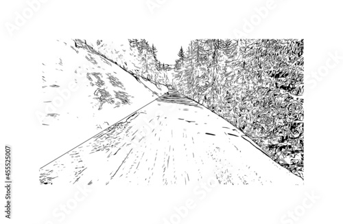 Building view with landmark of La Plagne is a French ski area in the alpine valley of the Tarentaise. Hand drawn sketch illustration in vector.