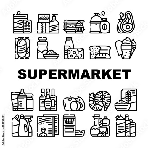 Supermarket Selling Department Icons Set Vector. Bakery And Dessert, Preserves And Canned Food, Meat And Seafood, Domestic Chemical Liquid And Detergent Supermarket Product Contour Illustrations
