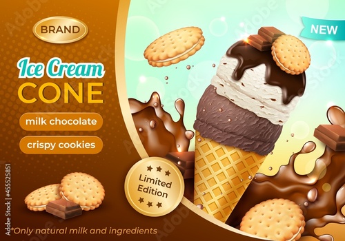 Realistic Detailed 3d Milk Chocolate with Crispy Cookies Ice Cream Cone Ads Banner Concept Poster Card. Vector illustration of Icecream