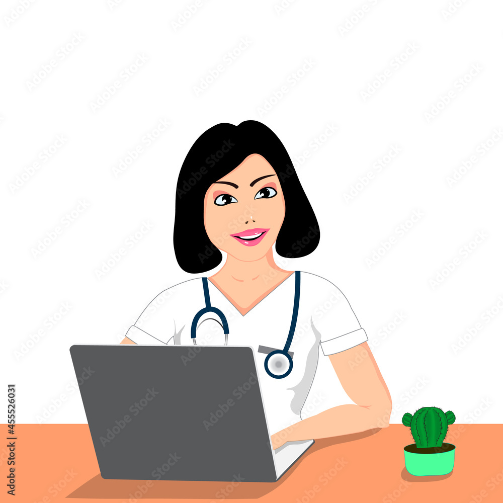 Girl nurse and laptop. Vector illustration. Girl nurse and laptop. Vector illustration.