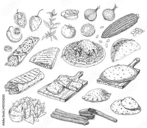 Mexican traditional food set. Vector vintage black engrave isolated on white