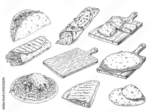 Mexican traditional food set with Guacamole, Enchilada, Burrito, Tacos, Nachos