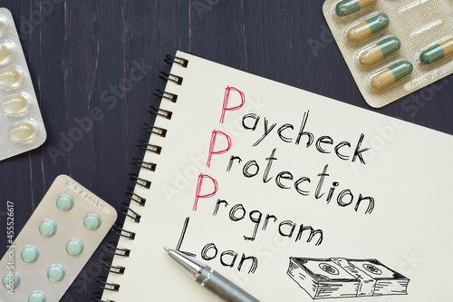 Paycheck protection program loan PPP Loan is shown on the business photo using the text