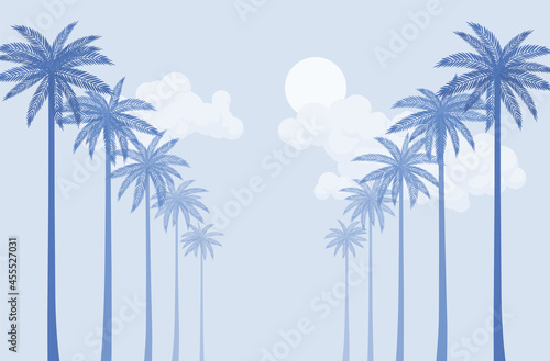 Palm tree row light blue silhouette, sea shore beach stunning scenery. Beachside tropical view, romantic weekend relaxing resort, amazing vacation and dreamy summer background. Vector illustration