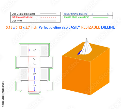Tissue box packaging 5.12x5.12x5.7 inch exceptionally soft box, dieline template and 3D vectoe file