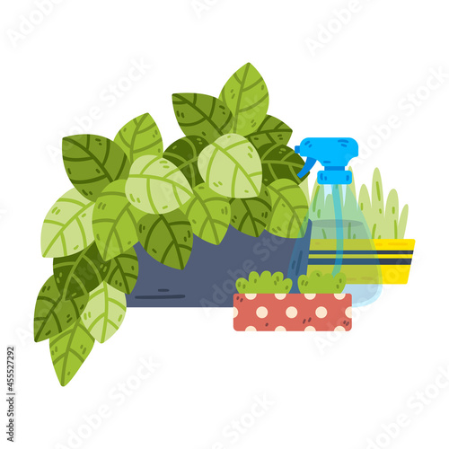 Potted houseplants. Spray bottle for water. Indoor and outdoor landscape garden potted plants. Home hobby gardening inventory. Vector objects isolated on white background.