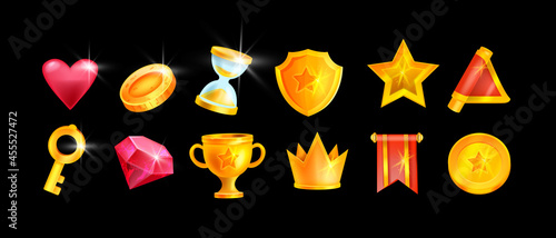 Game icon set, vector UI design element collection, golden shield, red flag, gemstone, coin, star. Casino user interface symbol, victory cup, crown award prize, app RPG inventory pack. Game icon kit