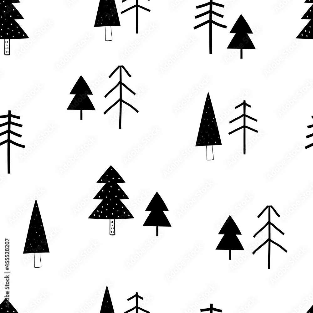 Obraz premium Vector seamless pattern with doodle cute christmas trees on a white background. Cute scandinavian forest background. Nature. Landscape. Creative kids texture for fabric, wrapping, textile, wallpaper.