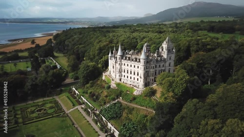 Aerial view by drone of beautiful Dunrobin Castle and garden in highlands of Scotland, UK.  photo