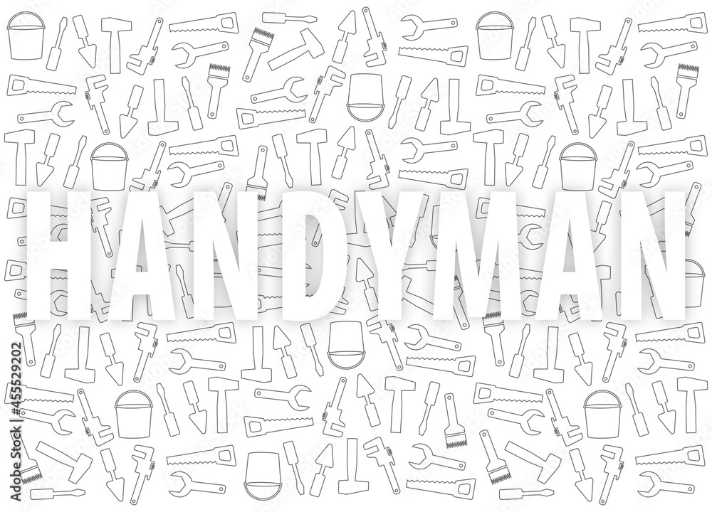 Handyman Tools pattern. Corporate web site elements & background. Vector graphics for fixing, plumbing, renovation tools in trendy line style. White Handyman with shadow. EPS10. Handyman Tools pattern. Corporate web site elements & background. Vector graphics for fixing, plumbing, renovation tools in trendy line style. White Handyman with shadow. EPS10.