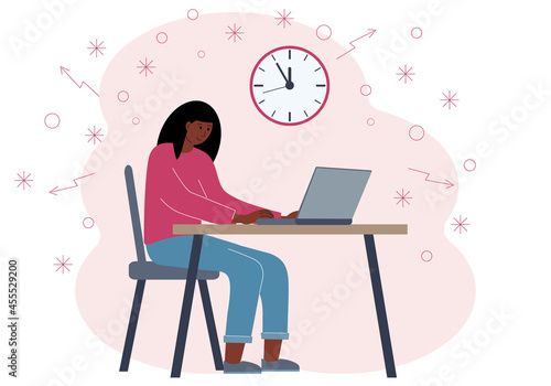 Timing concept in work or training. Illustration of a woman in a workspace with a laptop