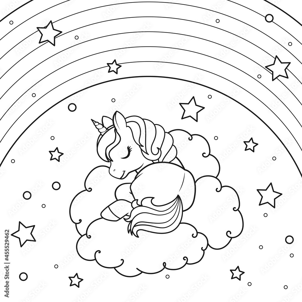 The unicorn sleeping on the cloud against the background of the starry ...