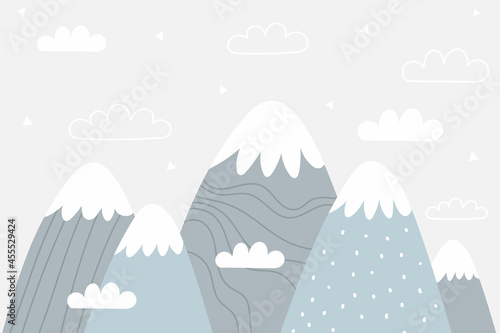 Vector color children hand drawn doodle mountain illustration in scandinavian style. Mountain landscape, clouds. Children's wallpaper. Mountainscape, children's room design, wall decor.
