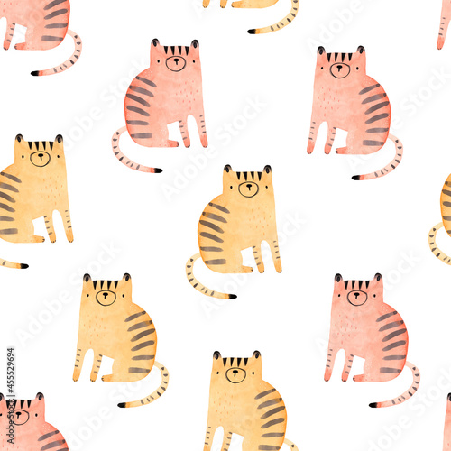 Photography Watercolor hand-drawn seamless repeating color childish pattern with cute wild cats in Scandinavian style on a white background