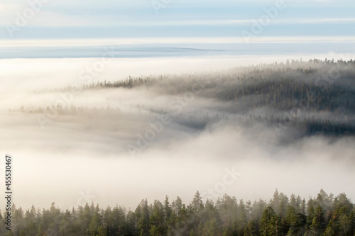 Fog covering coniferous forests in the valleys in the morning at Ruka near Kuusamo, Northern Finland