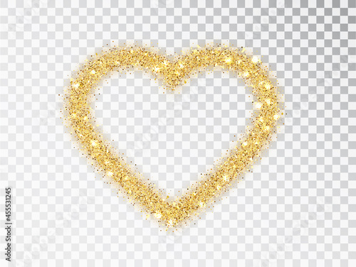 Gold glitter heart frame with sparkles on transparent background. Valentine's Day design template for card, poster, invitation, flyer, gift, cover. Vector golden dust isolated.
