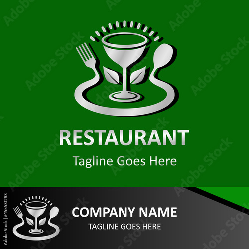 Inspirational restaurant vector logo. Abstract creative logotype spoon with fork, leaf and glass. Classic, vintage and modern logo illustration. Business enterprise template.