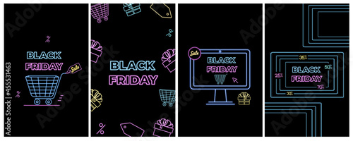 Black Friday Sale. Online shopping , internet ads in neon style. E-commerce. Promotional banners