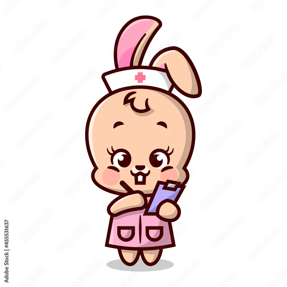 Cute little rabbit in nurse uniform is writing using pen. Cartoon mascot. Cute little rabbit in nurse uniform is writing using pen. Cartoon mascot.