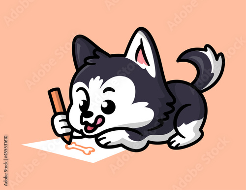 Cute siberian husky is using a color pen to drawing on a paper. Cartoon illustration