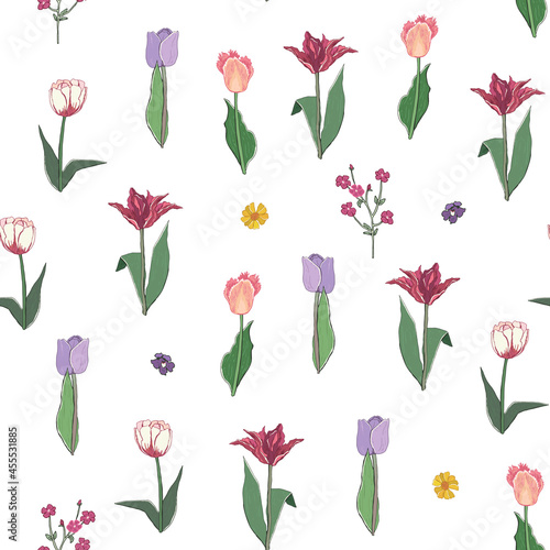 Tulips and flowers spring vector seamless pattern