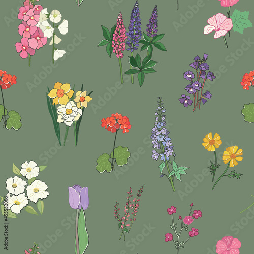 Tulips and flowers spring vector seamless pattern